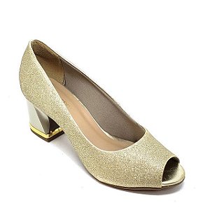 Peep Toe Hellen Suzan  Salto Bloco Baixo Gliter Dourado