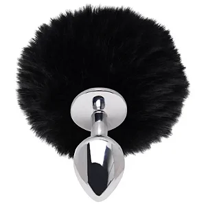 Plug Anal Cromado Com Pompom Preto Tam P