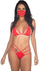 Mini Fantasia Ninja Cor Vermelha- 01 Top sensual e 01 Fio Dental Provocante -