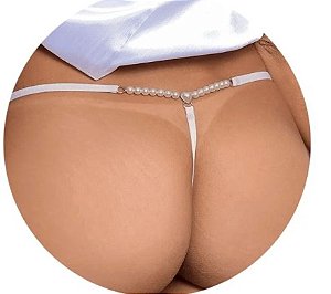 Calcinha Fio Dental Branco Com Renda E Perolas - Yaffa