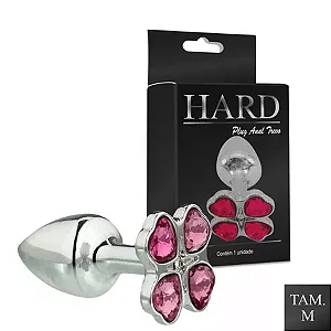 Plug Trevo  Cromado Pedras Cor Rosa - HA139C  Tam M