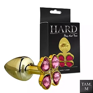 Plug Trevo  Dourado Com Pedras Cor Rosa -HA139D  Tam M