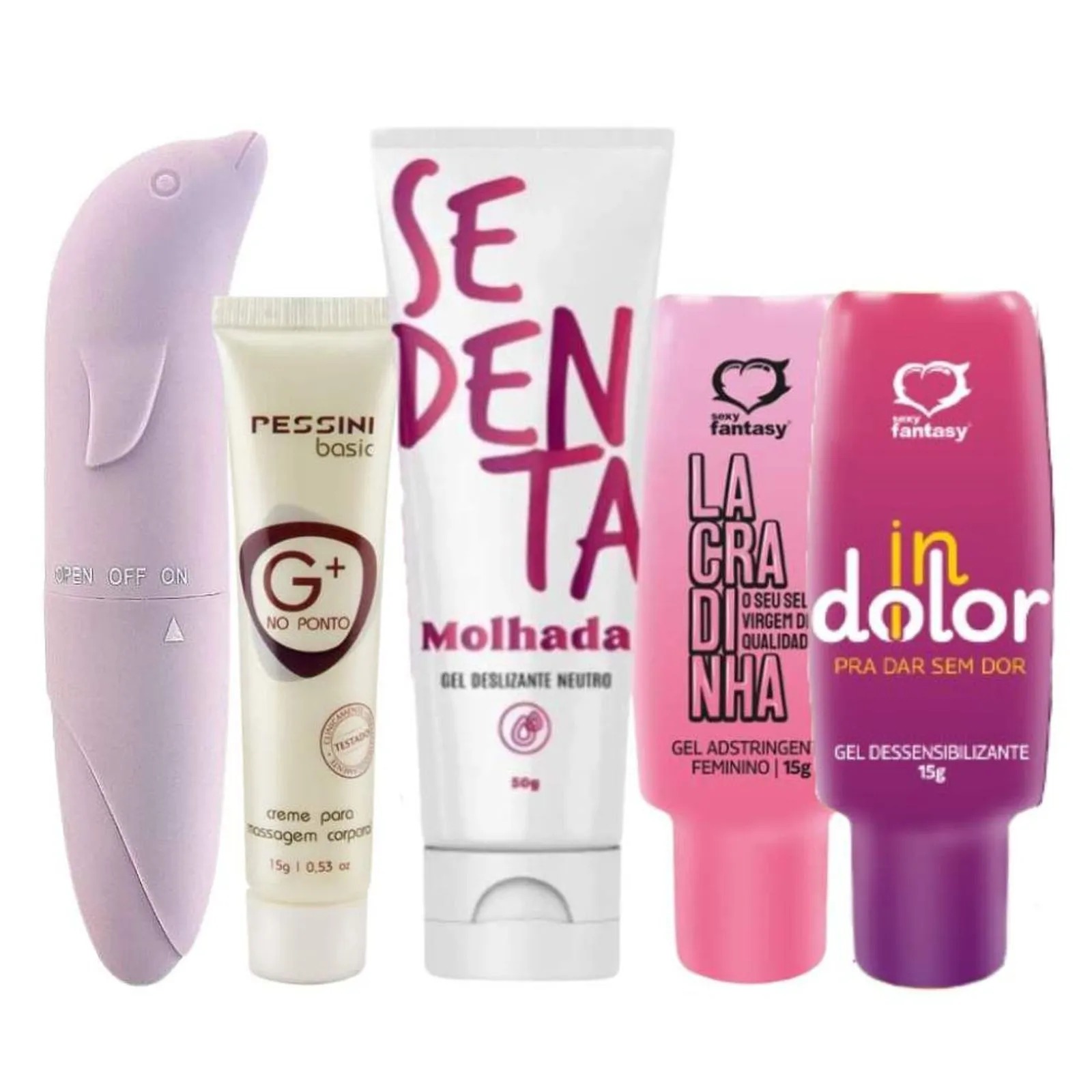 Kit Feminino  01 Excitante G+ 15g. - 01 Vibrador Golfinho. - 01 Adstringente Lacradinha 15g. - 01 Dessensibilizante InDo