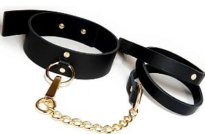 Choker Celinna Em Couro 33 Mm Use Como Colar- Preto E Dourado