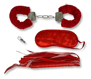 Kit  Sedução  4 EM 1 - Chicote - Algema - Calcinha  e Venda Para Os Olhos - Vermelho