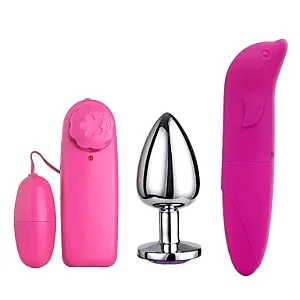 Kit Plug anal P + 2 Vibrador feminino Golfinho e Bullet Ponto G