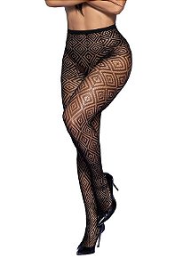 Meia Calça Com Transparência Em Arrastão Com Trama De Losangos Tam Único Y4013 - BLACK-