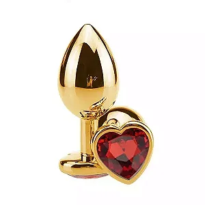 Plug Anal de Coração em Aço - Dourado Com Vermelho- Tamanho M-
