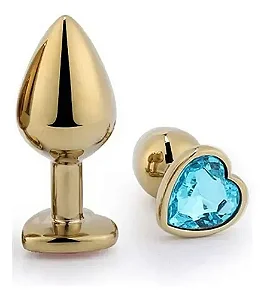 Plug Anal de Coração em Aço - Dourado Com AZUL- Tamanho P-