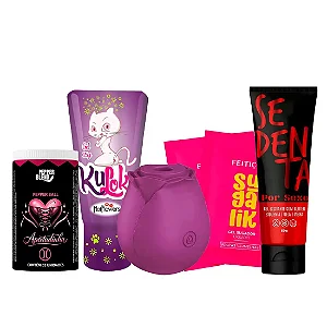 KIT DA ALEGRIA-1 Kuloko -1 Rosa Estimuladora -1 Pepper Ball Apertadinha -1 Sachê Sugalik -1 Sedenta Lubrificante-