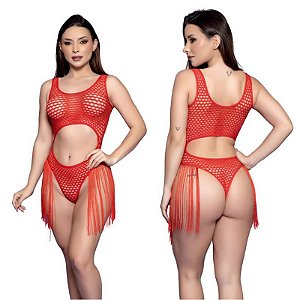 Body Arrastão Aberto na Frente e Atrás Com Franjas na Cintura - Pura Sedução e Estilo-COR VERMELHO- Y2142-