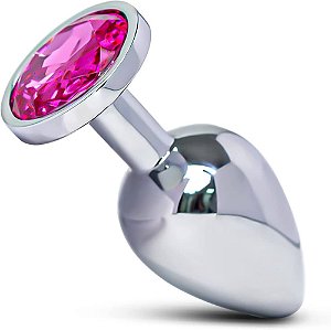 Plug Anal Jóia Aço Inoxidável Redondo Prateado Pedra Rosa TAM M-