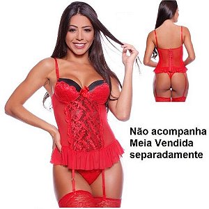 Espartilho Bojo Cetim Rendado Cor Vermelho Acompanha 01 Calcinha Fio Dental --OBS NAO ACOMPANHA MEIAS-(TAM M)