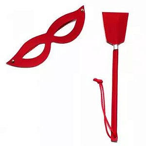 Kit Tiazinha Vermelho 1 Chibata de Couro Sintético, 1 Máscara