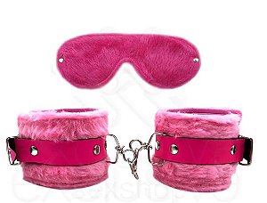 Kit Bondagem em Pelúcia Contém: 01 Algema 01 Venda-(Rosa Neon)