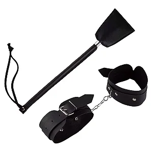Kit Sensual -Contém: 01 Algema 01 Chibata Couro Sintético - BLACK-
