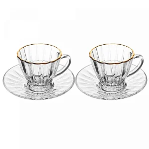 Cj 2 Xícaras p/ Café de Cristal c/ fio de Ouro e Pires  70ml