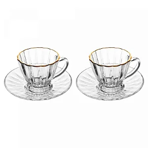 Cj 2 Xícaras p/ Chá de Cristal c/ Fio de Ouro e Pires  180ml