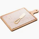 Cj 3 Peças p/ Queijo TERRAZO c/ Bandeja de Bambu  Faca Dourada  e Tábua 29X17X1,5cm