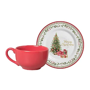 Cj 6 Xícaras Chá Verm. c/ Pires MERRY CHRISTMAS 1ª Classif