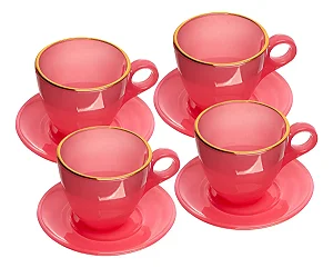 Cj 4 Xícaras de Vidro c/ Fio de Ouro e Pires MILKY ROSA 170ml
