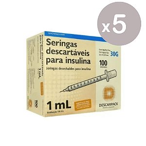 Descarpack Seringa de Insulina 1ml com Agulha Fixa 8x0,3mm (30G) com 100un - Kit 5 un