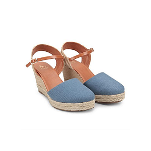 Sandália Anabela Ala Espadrille Jeans Feminina - Azul e Caramelo