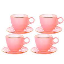 Jogo 8 Peças Xicara Chá Com Pires Vidro Matte Rosa Com Borda Dourada 170ml