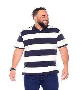 Camiseta Gola Polo Listrada Plus Size Masculino Marinho Com Branco XP Ao G5