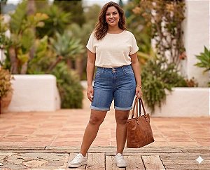 Bermuda Jeans Stretch Clear Feminina Com Barrinha Dobrada Plus Size Do 44 ao 70 3463