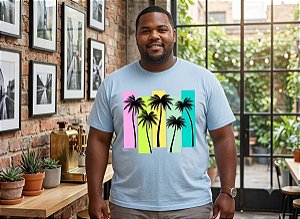 Camiseta Estampada Masculina Coqueiro Azul Clara Plus Size XP ao G5