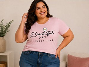 Camiseta Estampada Beautiful Day Rosa Plus size Do XP ao G5