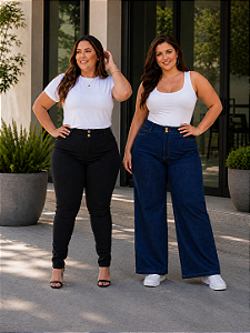 Kit 2 Calça Jeans Feminina Stretch Wide Leg /Preta Pequenos Defeitos Do 44 ao 70
