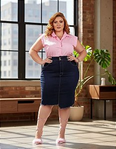 Saia Jeans Secretaria Strech Barra Desfiada Plus Size 44 ao 70 3445