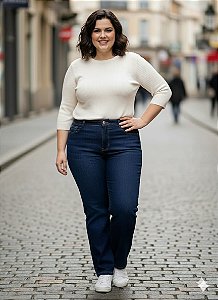 Calça Reta Jeans Com Stretch Puído nos Bolsos Feminina Plus size Do 44 ao 70 3447