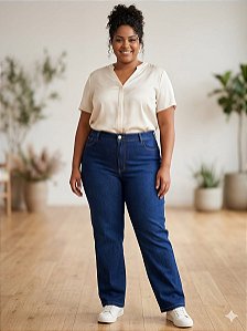 Calça Reta Jeans Com Stretch Puído nos Bolsos Feminina Plus size Do 44 ao 70 3447