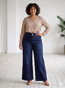 Calça Wide Leg Jeans Com Stretch Plus Size Do 44 ao 70 3470