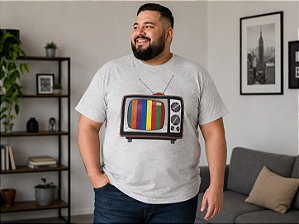 Camiseta Masculina Estampa TV Retrô Cinza Mescla Plus Size XP ao G5