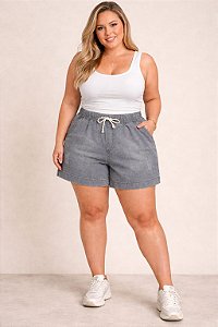 Short Jeans Stretch Cinza Feminino Elastico com Cordão na cintura do 44 ao 70 3465
