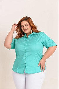 Camisa Tricoline Manga Curta Stretch Verde Tiffany  Plus Size Xp Ao G5 3384