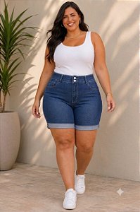 Bermuda Feminina Jeans Stretch Barrinha Dobrada Azul Escuro 3475 44 ao 70