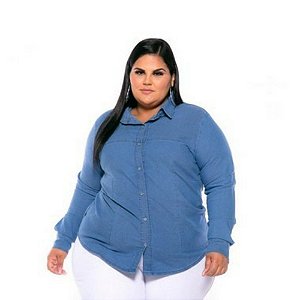 Camisa Jeans Stretch Manga Longa Sem Bolso Lavagem Clear Plus Size XP AO G5 3166