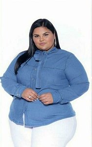 Camisa Jeans  Stretch Manga Longa Gola Laço Feminino Plus Size 3170