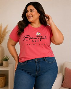 Camiseta Estampada Feminina Beautiful Day Coral Plus size Do XP ao G5
