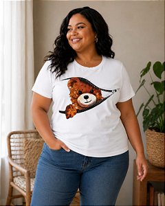 Camiseta Estampada Feminina Urso Branca Plus size Do XP ao G5