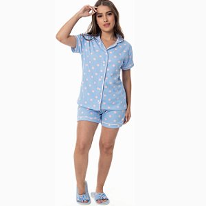 Pijama Americano Feminino - Poá Azul e rosa com botão