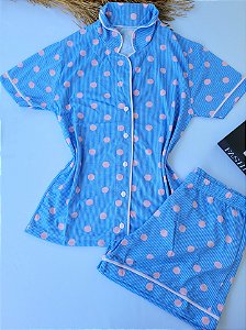 Pijama Americano Feminino - Poá Azul e rosa com botão
