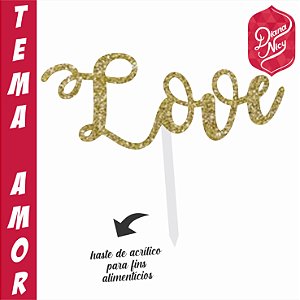 Topo em MDF com Glitter Dourado Tema Love