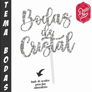 Topo em MDF com Glitter Prata Tema Bodas de Cristal