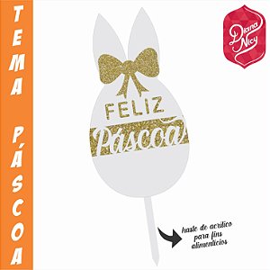 Topo em MDF Branco com Glitter Dourado Tema Ovo de Páscoa
